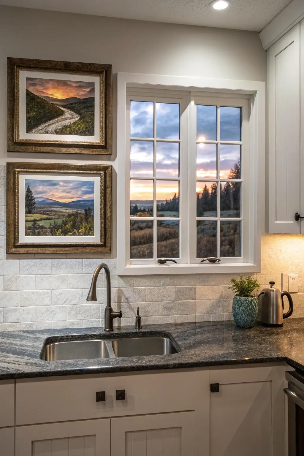 Framed art can simulate a window, adding depth to your kitchen.