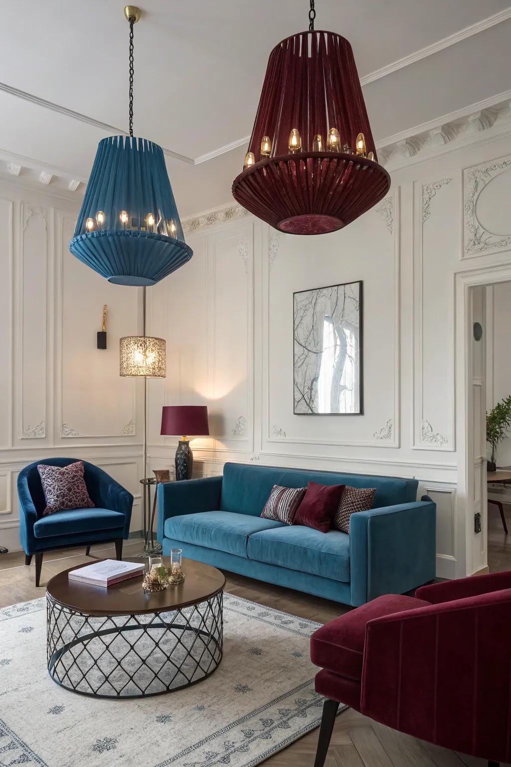 Cerulean and wine illumination fixtures introducing an unexpected modern twist.