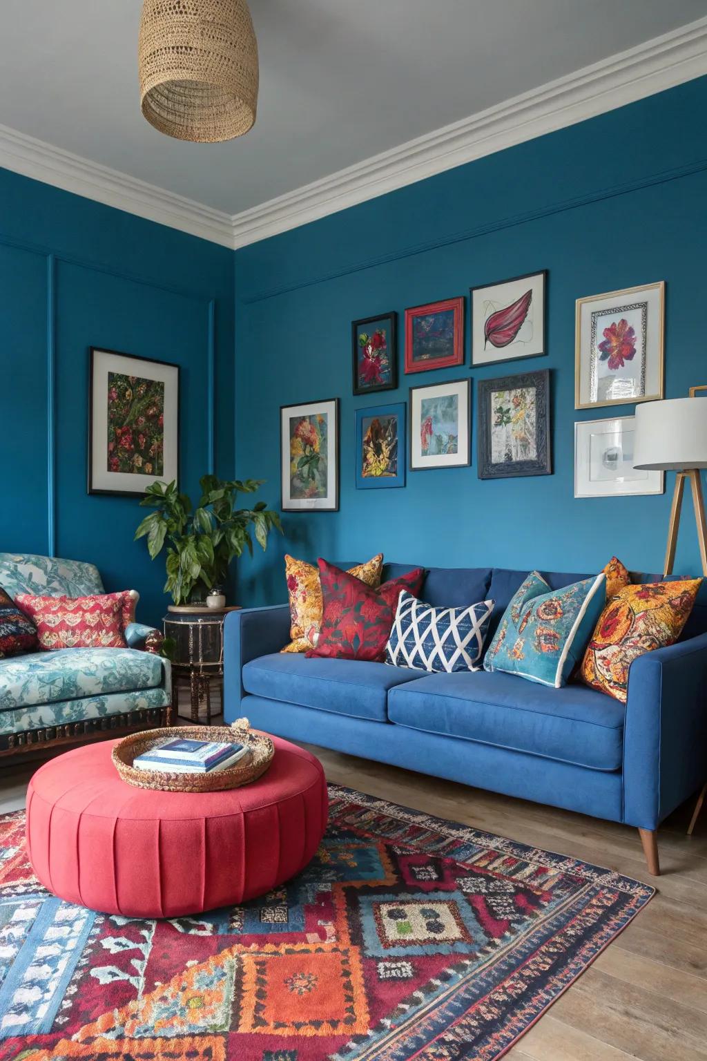 Bold contrasting hues highlight the blue tones in this vibrant living room.