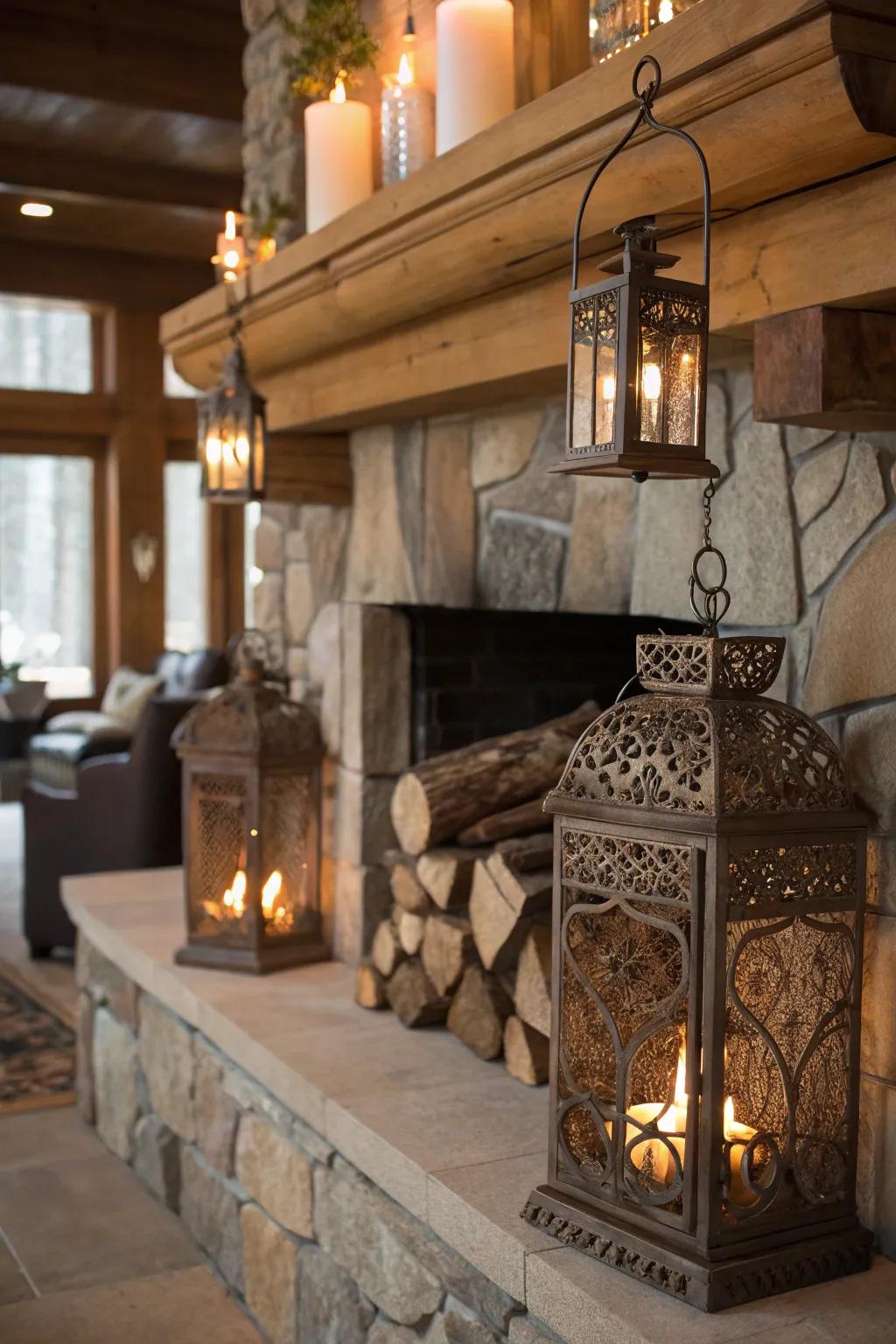 A fireplace surrounded by decorative lamps, offering a warm and welcoming bohemian atmosphere.