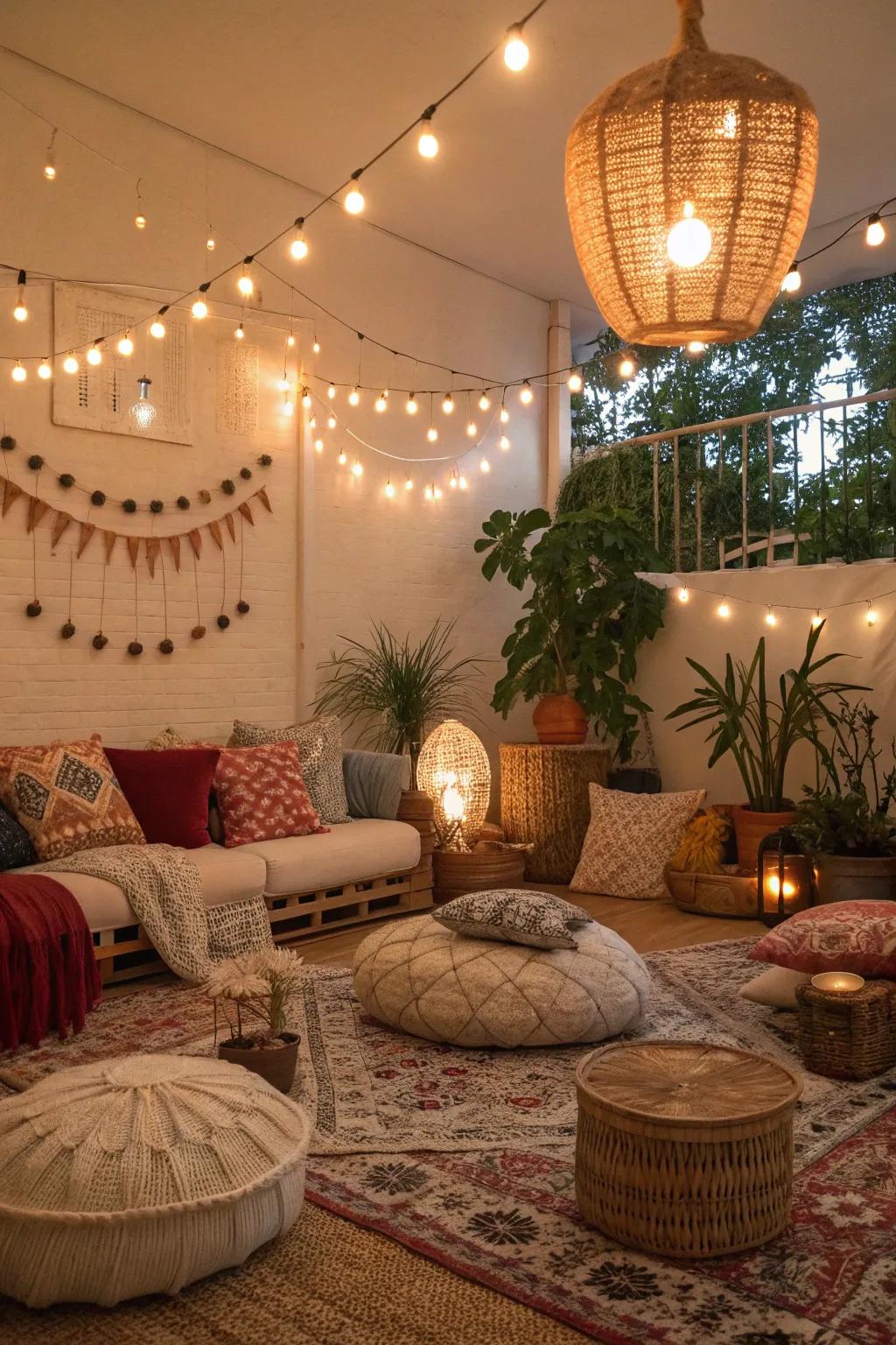 Warm lighting sets the mood in a boho living space.