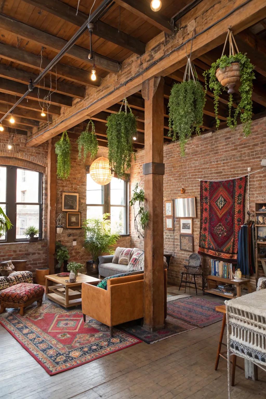Exposed architectural traits contribute raw beauty to your boho loft.