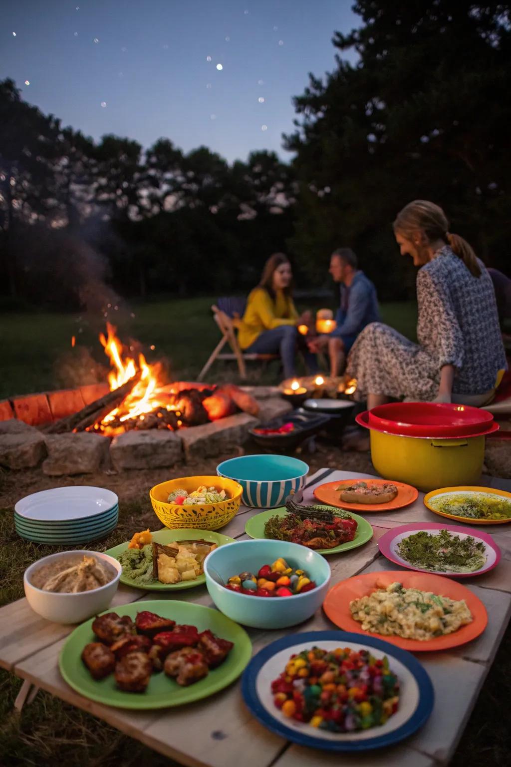 A community potluck dinner by the bonfire.