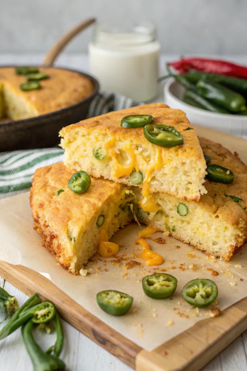 Cheesy jalapeño cornbread, a spicy and creamy delight.