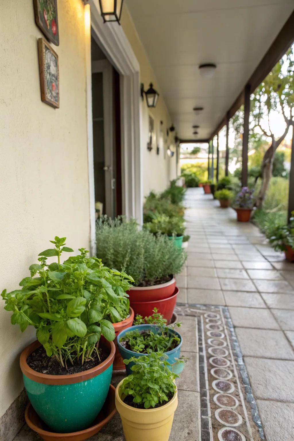 A handy mini herb garden that adds both beauty and function to the breezeway.