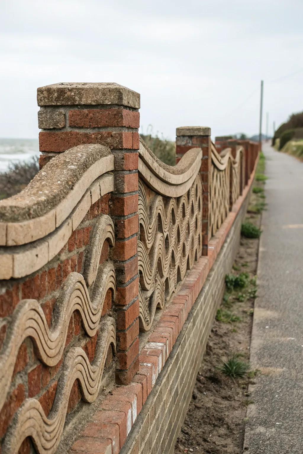 Wavelike patterns introduce a whimsical flow to brick fences.