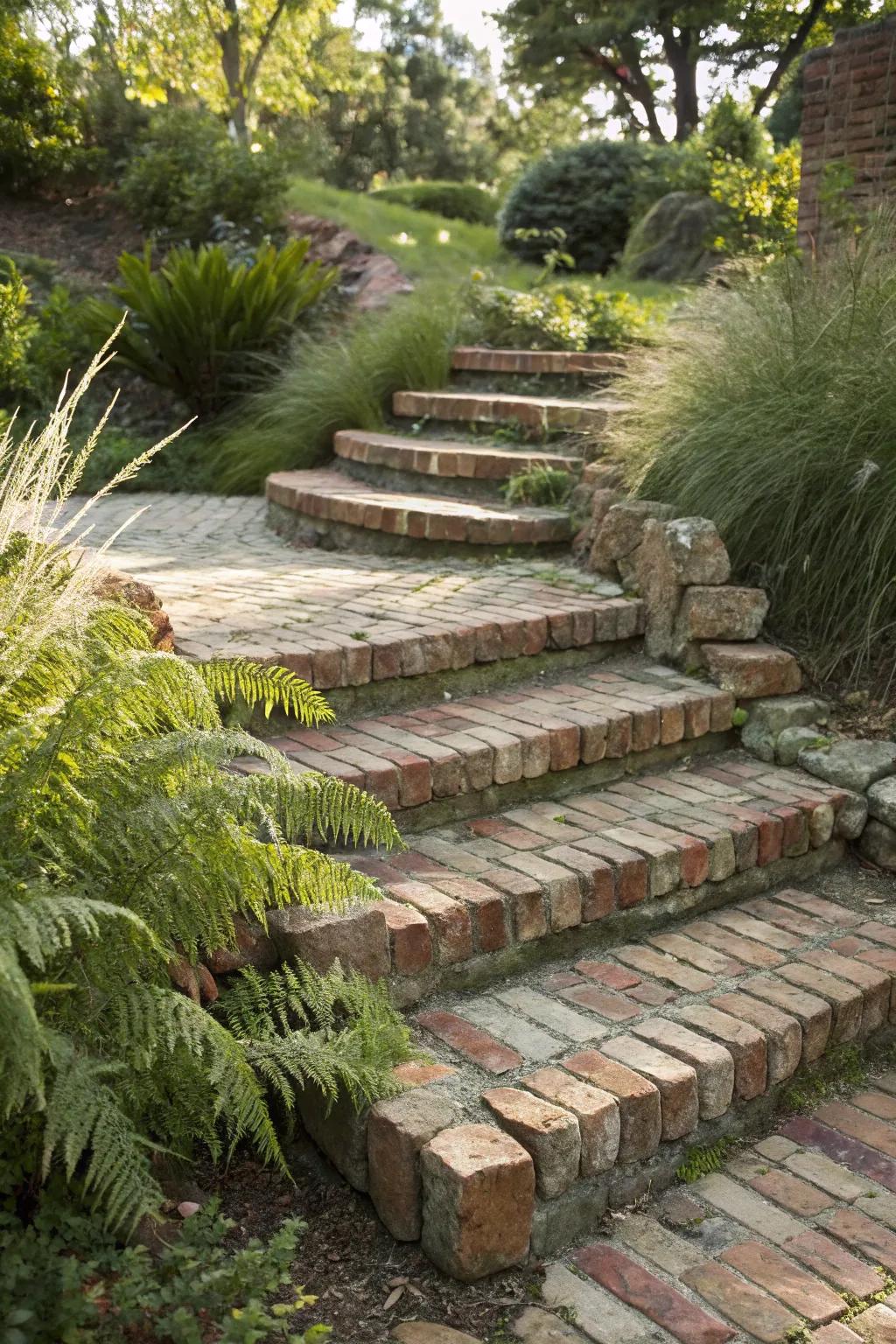 Step into timeless elegance with these charming brick garden steps.