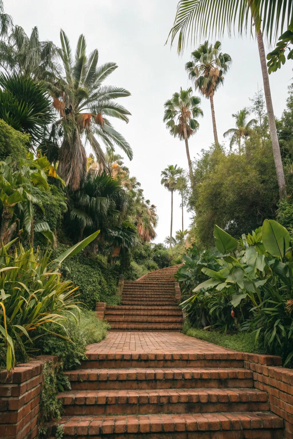 Tropical-inspired brick steps creating a backyard retreat.