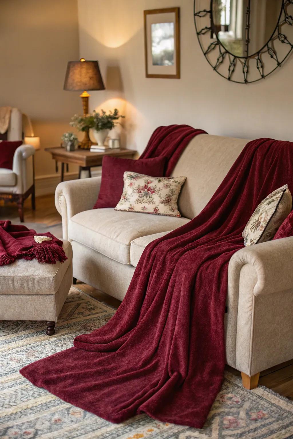 Burgundy throw blankets add coziness and warmth to a living room.