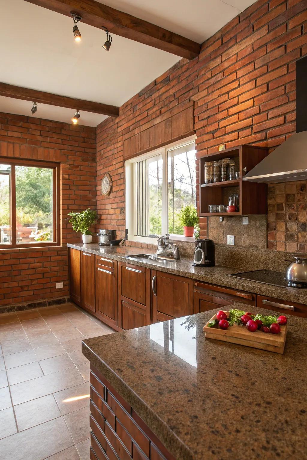 Canyon red walls infuse warmth and rustic charm to the kitchen.
