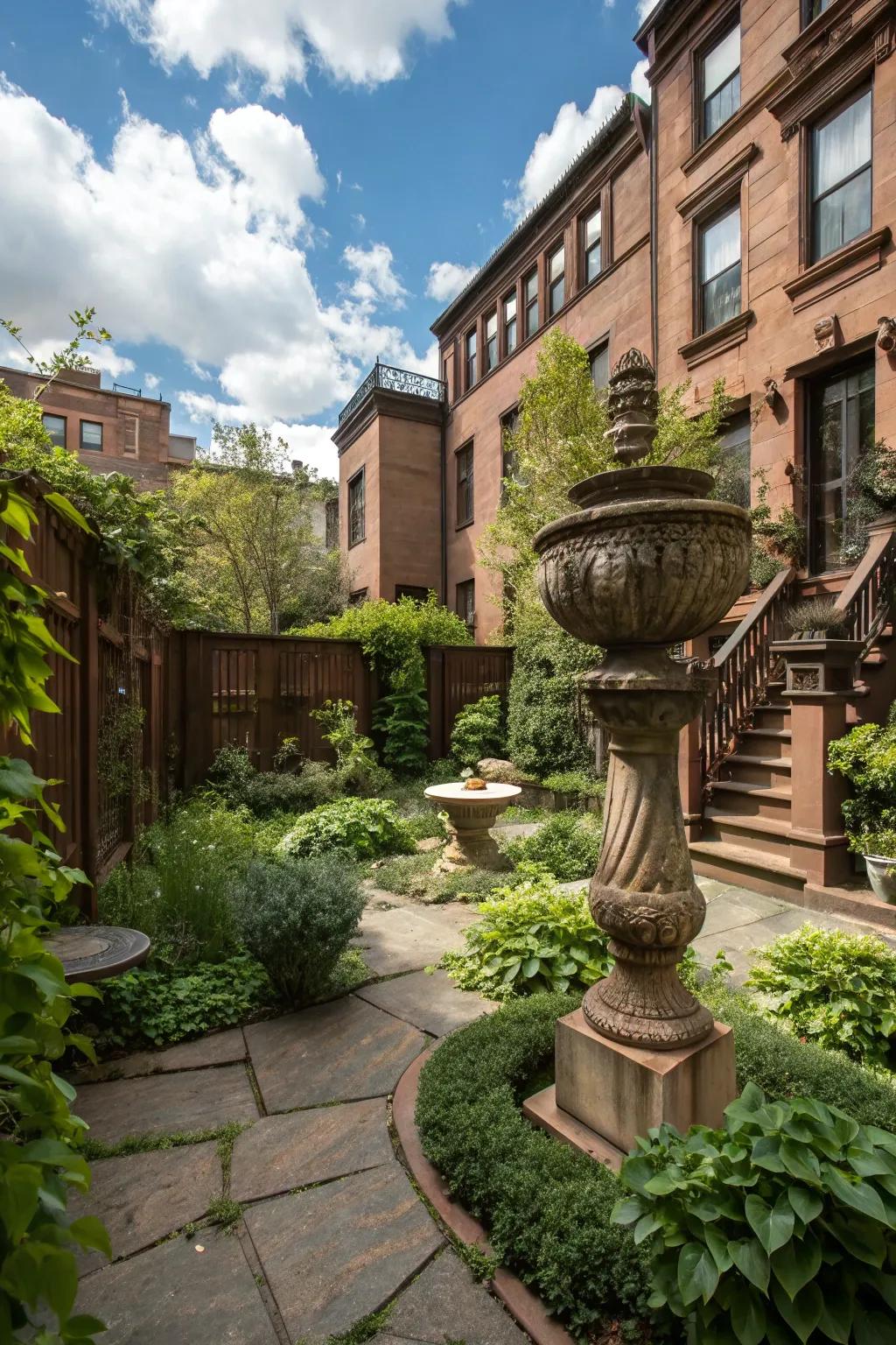 Garden art pieces bring a unique focus to the backyard.