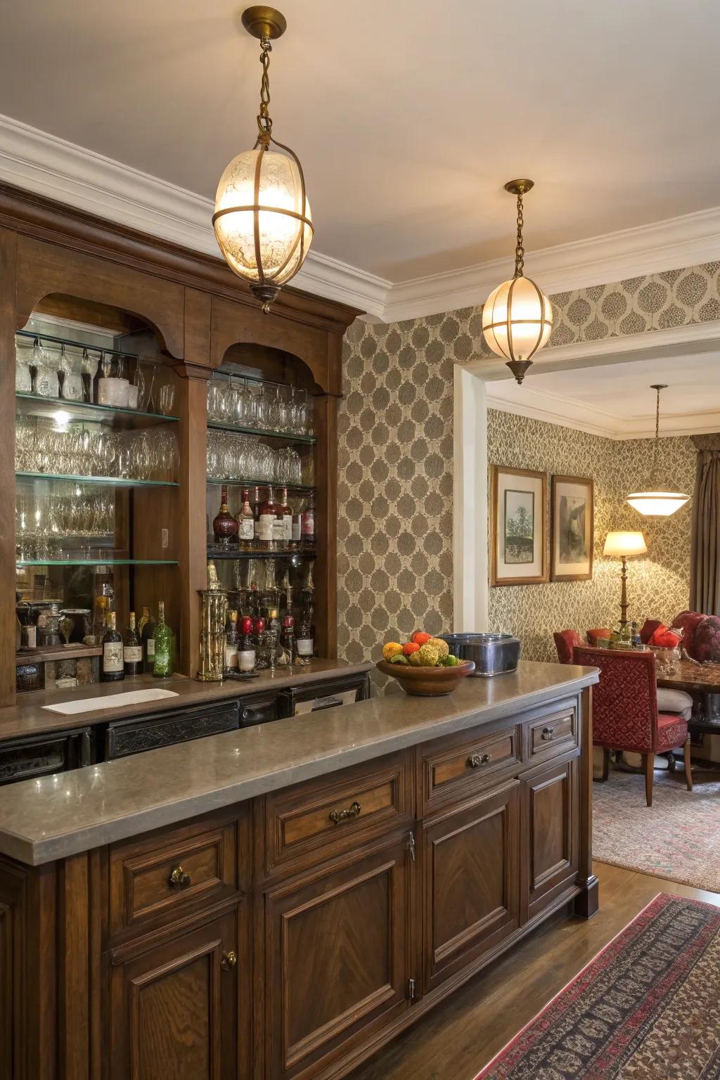 A bar styled with vintage touches evokes a sense of nostalgia.