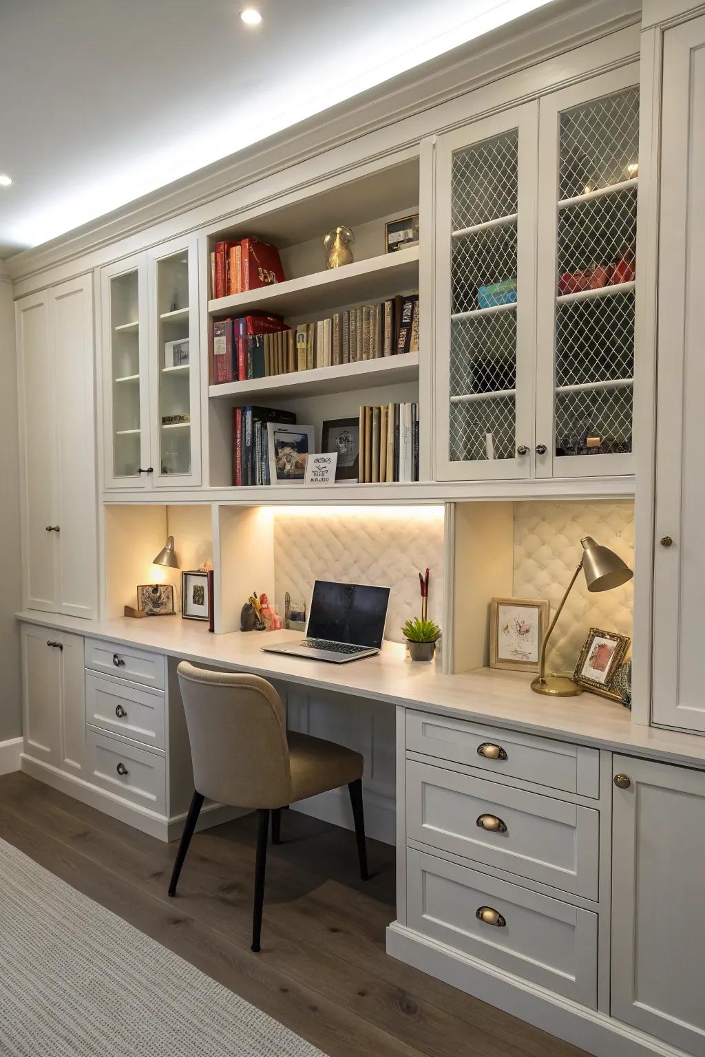 A desk with savvy storage solutions for ultimate organization.