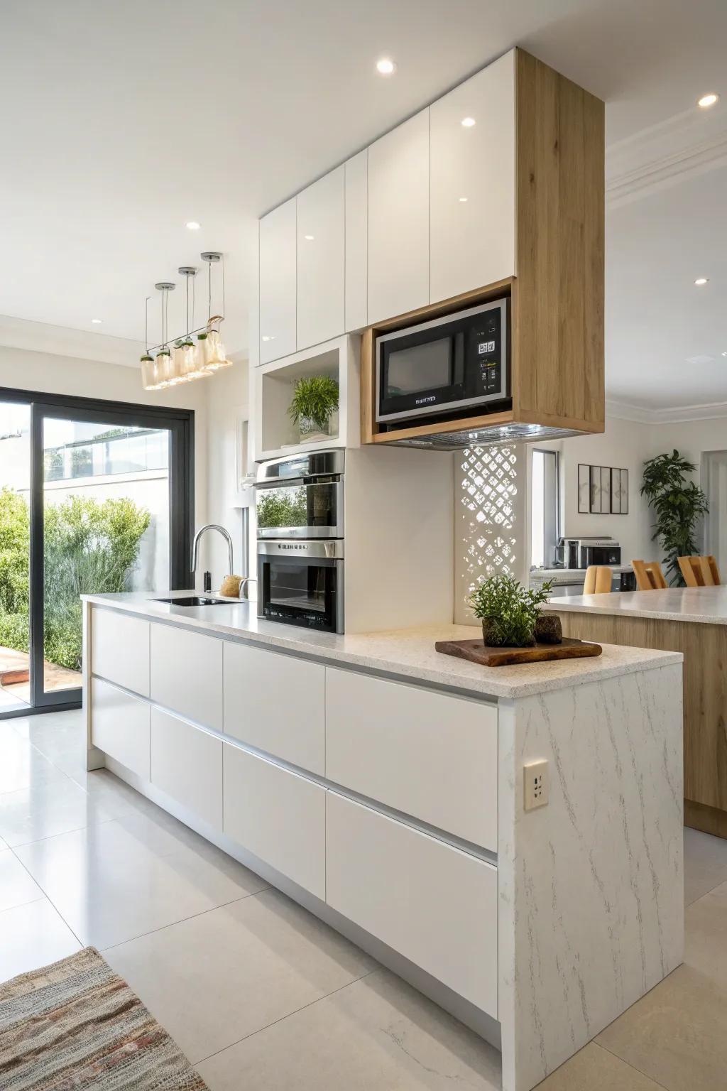 Modern kitchen design featuring the microwave fastened above a raised surface.