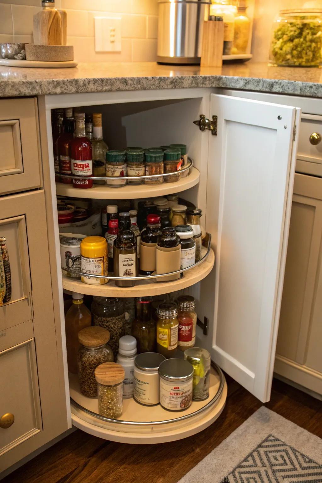 Spinning trays offer quick access to items in cabinets that are deep.