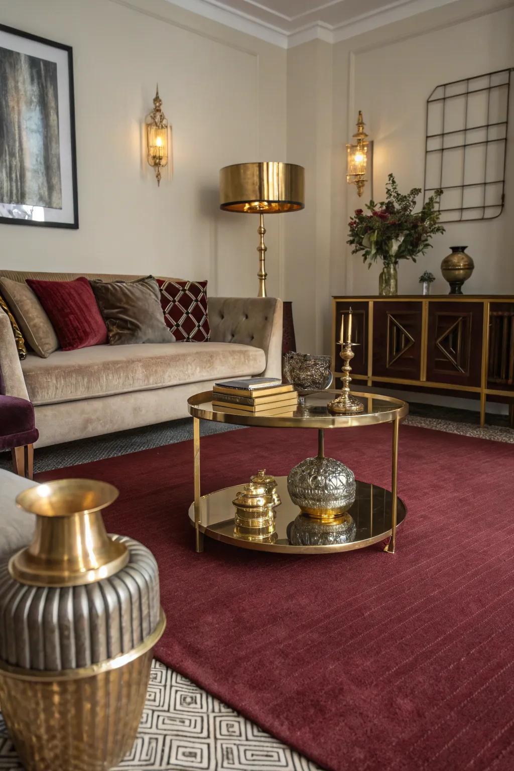 Metallic accents contribute a hint of glamour to a maroon carpet.