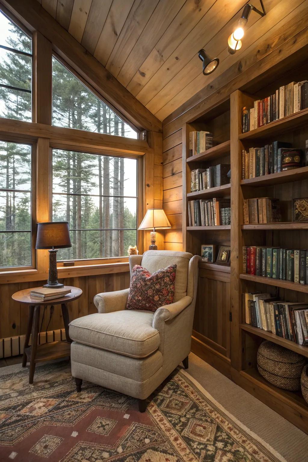 A snug corner perfect for relaxation and retreat inside a cabin.