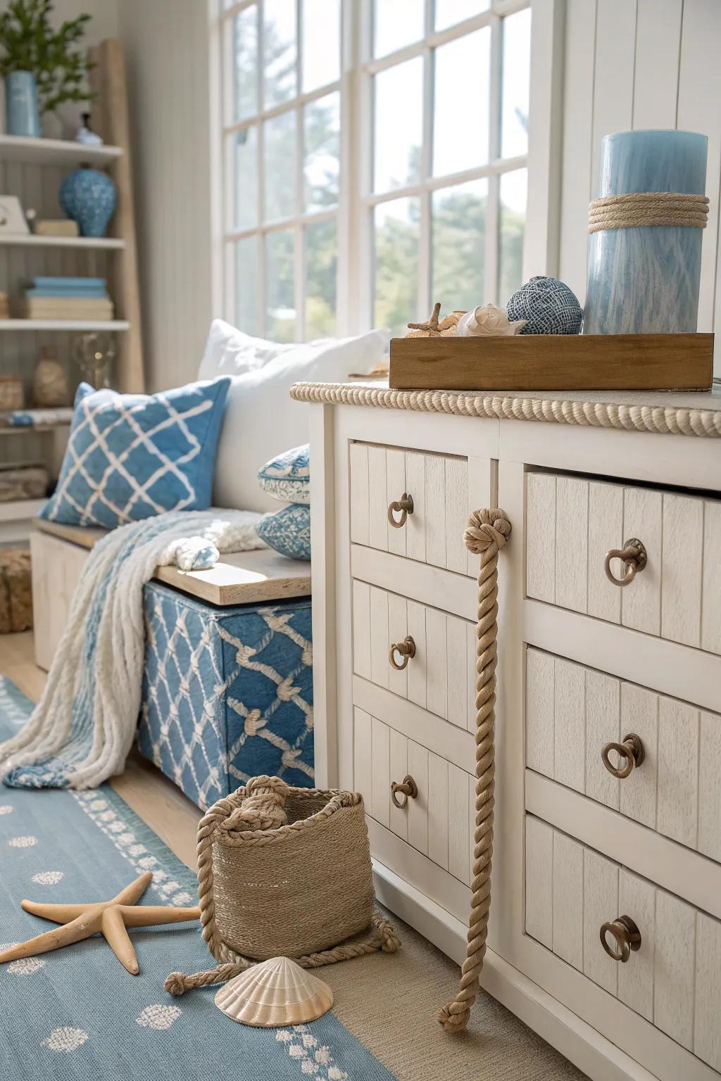 Rope knobs add a nautical vibe to coastal-themed cabinets.