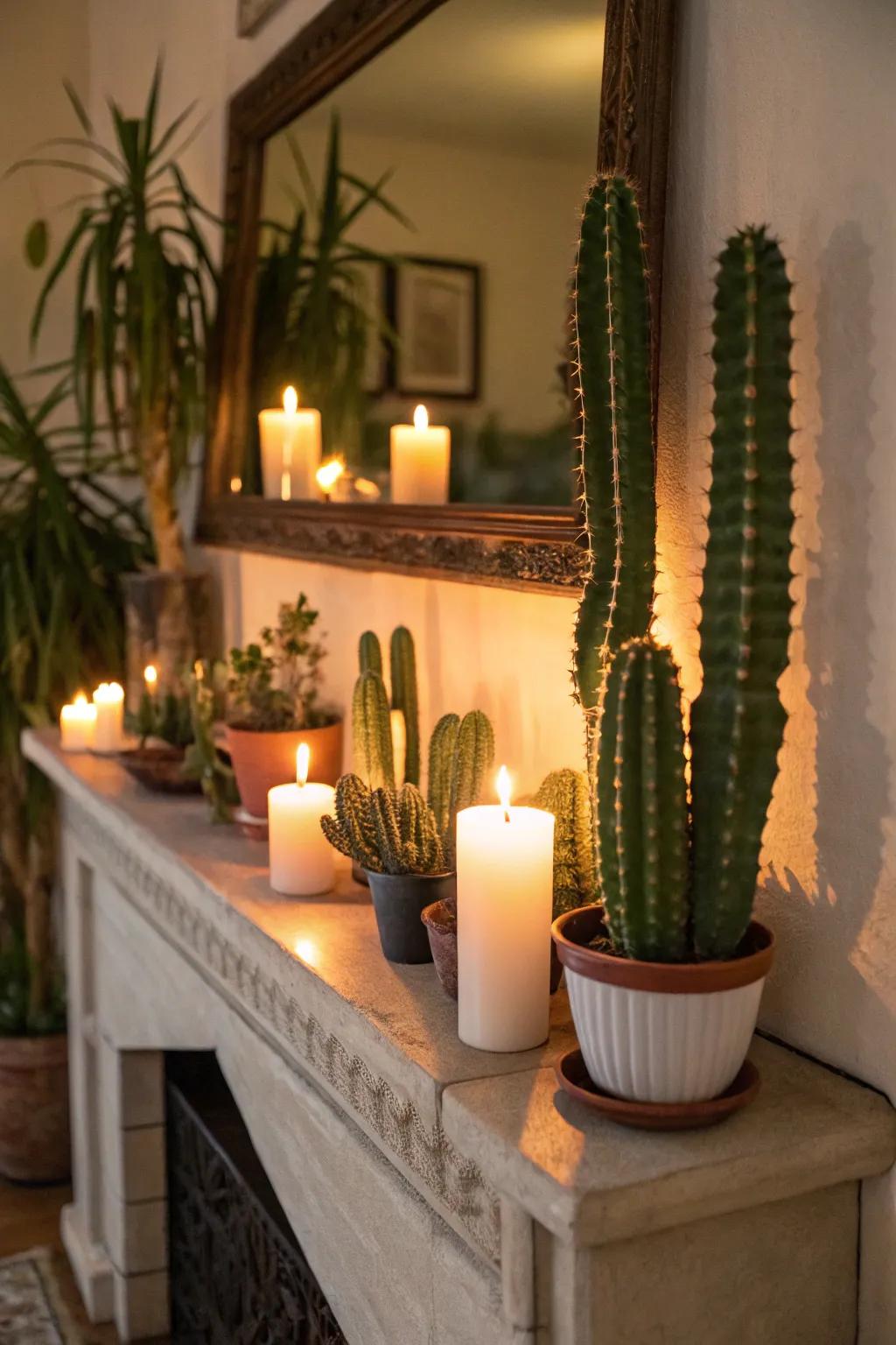 A cozy combination of cacti and candles for a warm ambiance.