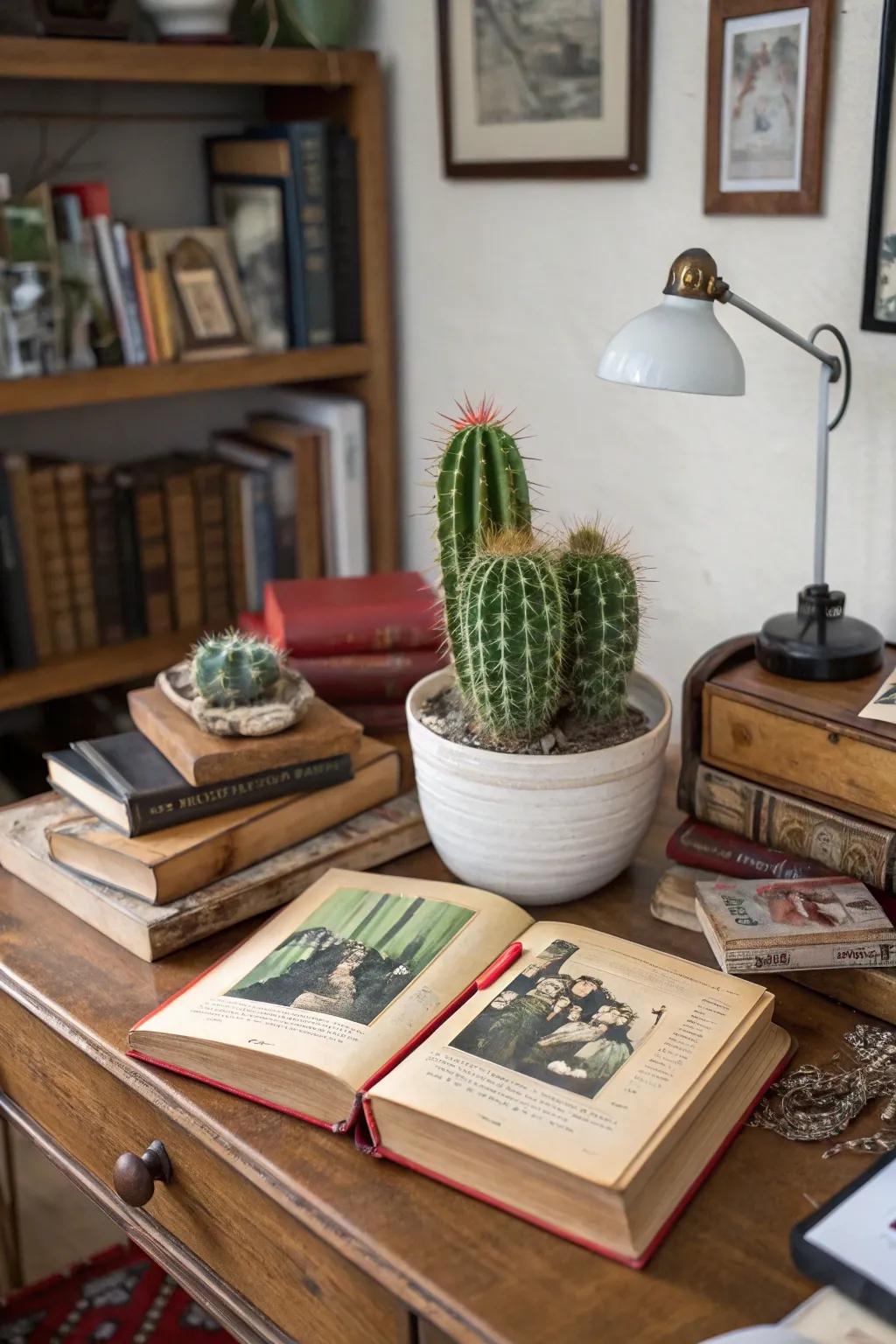 Reclaimed literary works furnish a literary spin to your cactus display.