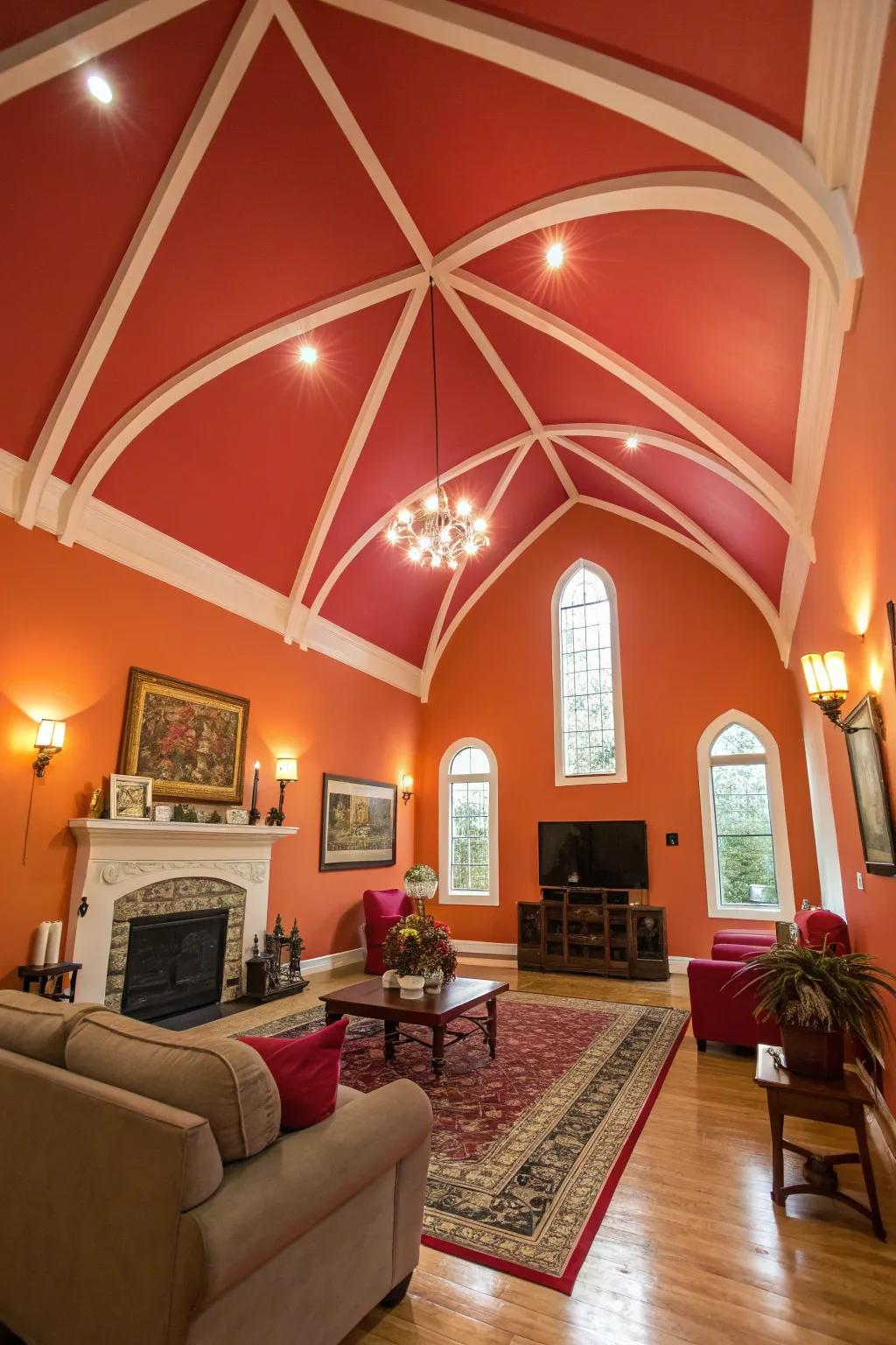 A bold ceiling hue adds a startling and unique trace.