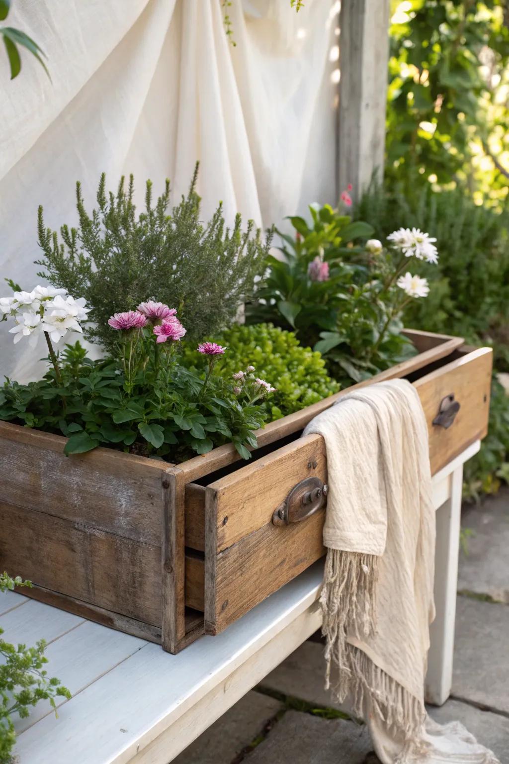 Transform old drawers into enchanting planters for your minimalist garden oasis.