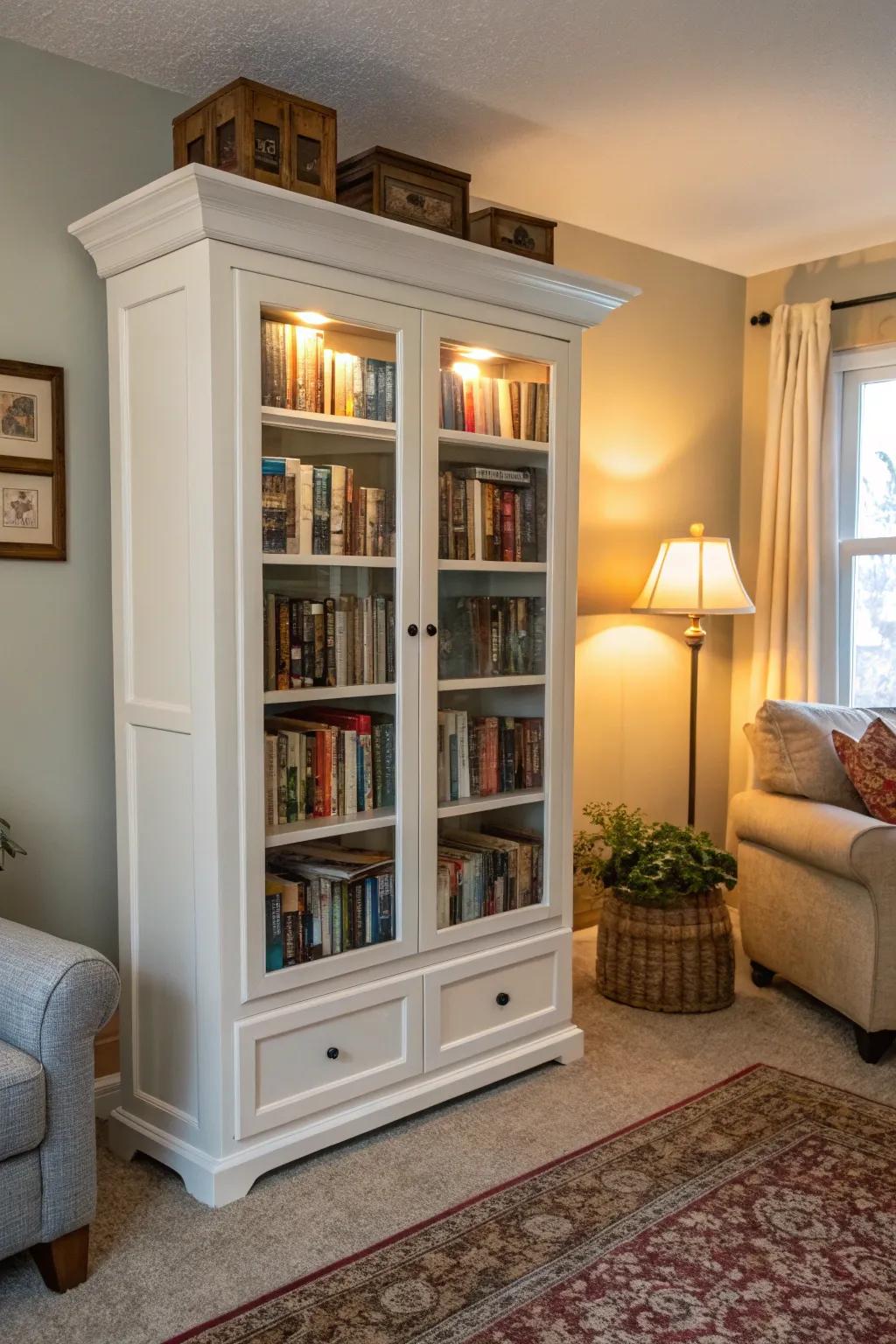 Display hutch repurposed as a distinct bookshelf.