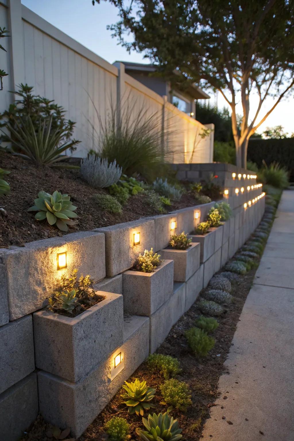 Illuminate your garden with stylish cinder block lighting for a magical nighttime ambiance.