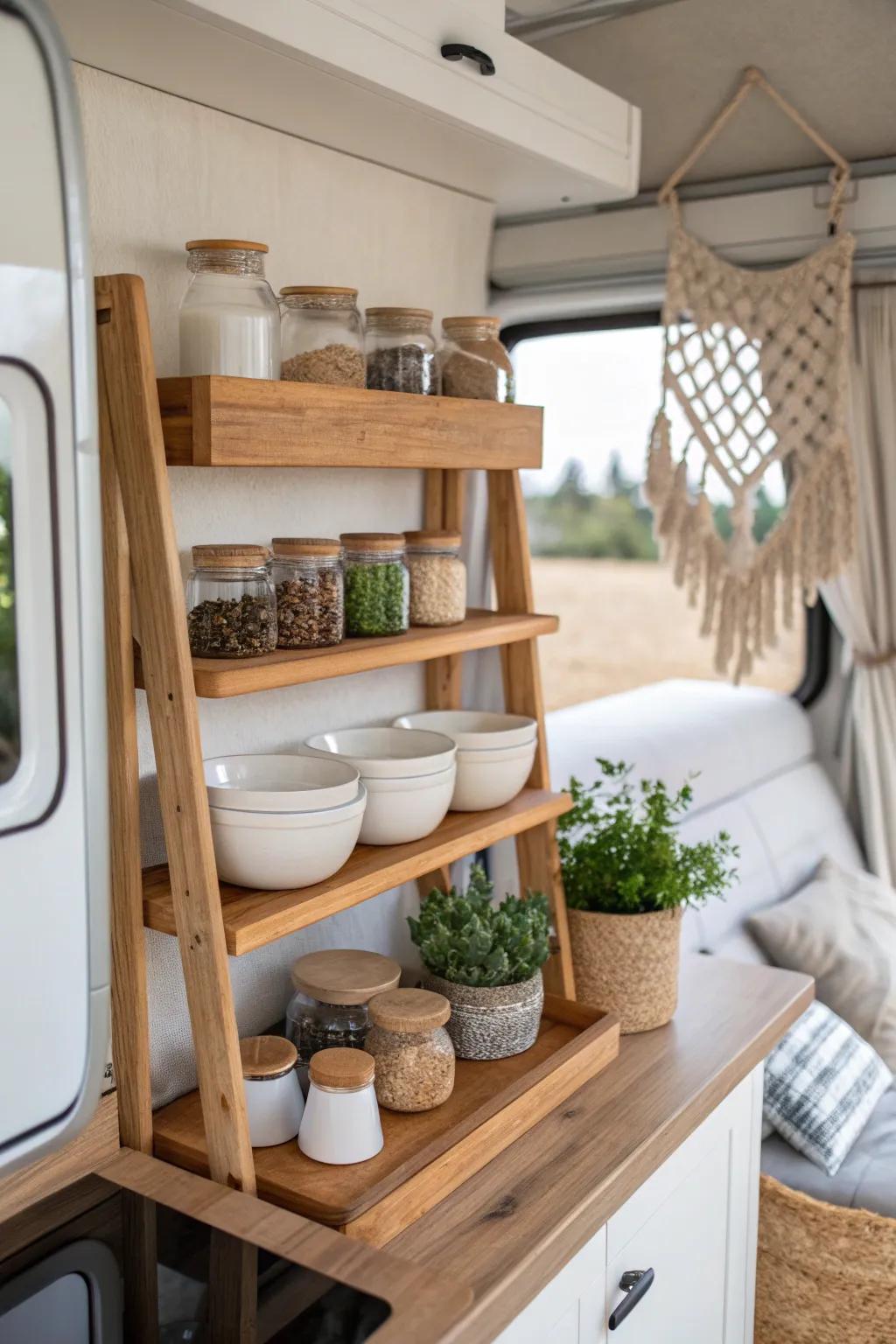 Maximize your campervan space with stylish multi-level shelving. Organization meets elegance!