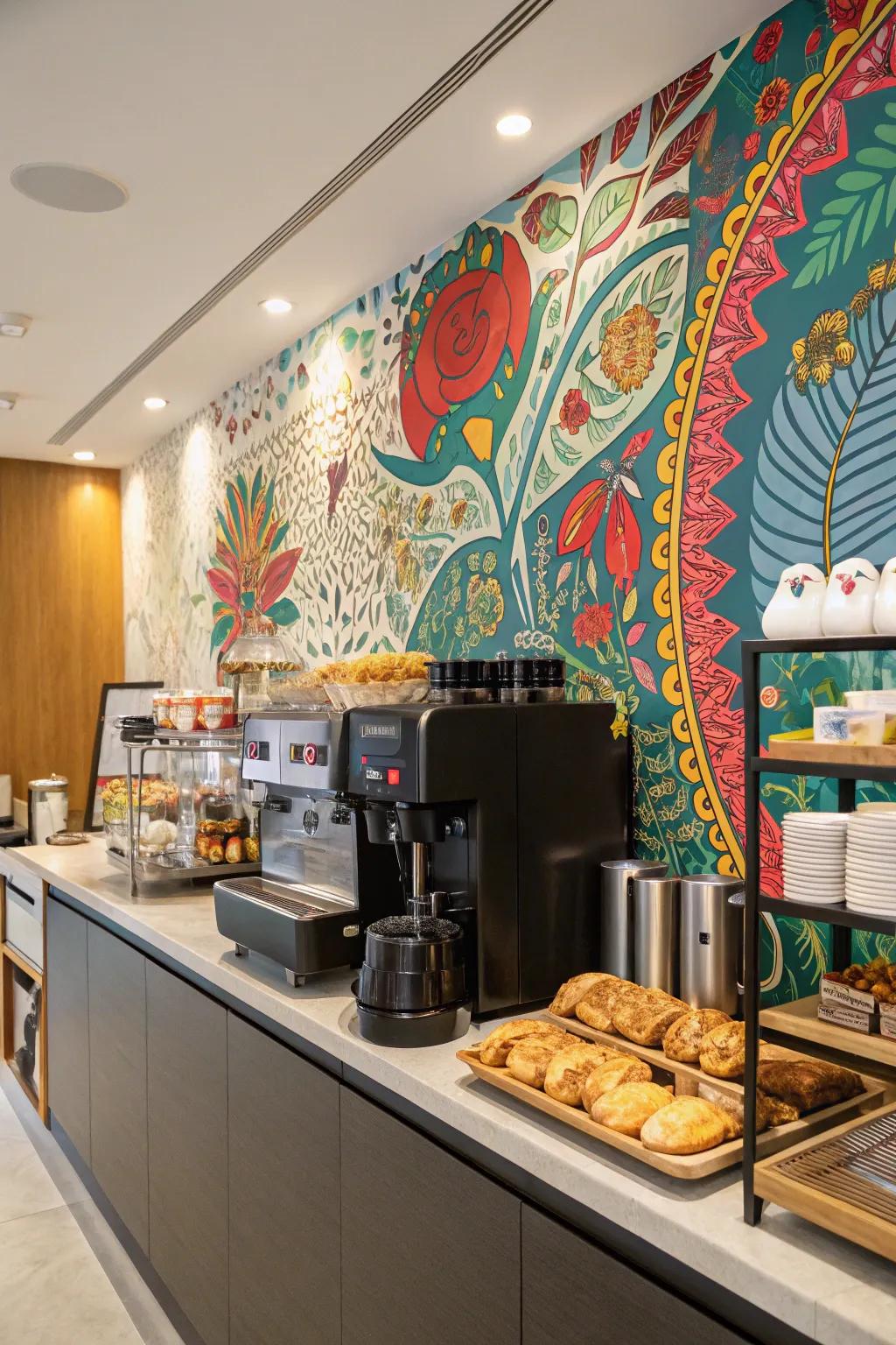 An artistic backdrop enhances your coffee station's style.