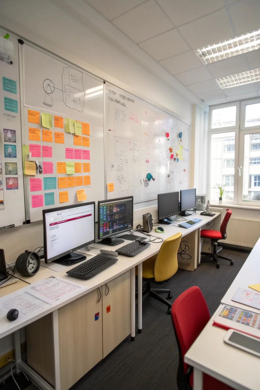 A creative computer room featuring a whiteboard for planning and ideas.