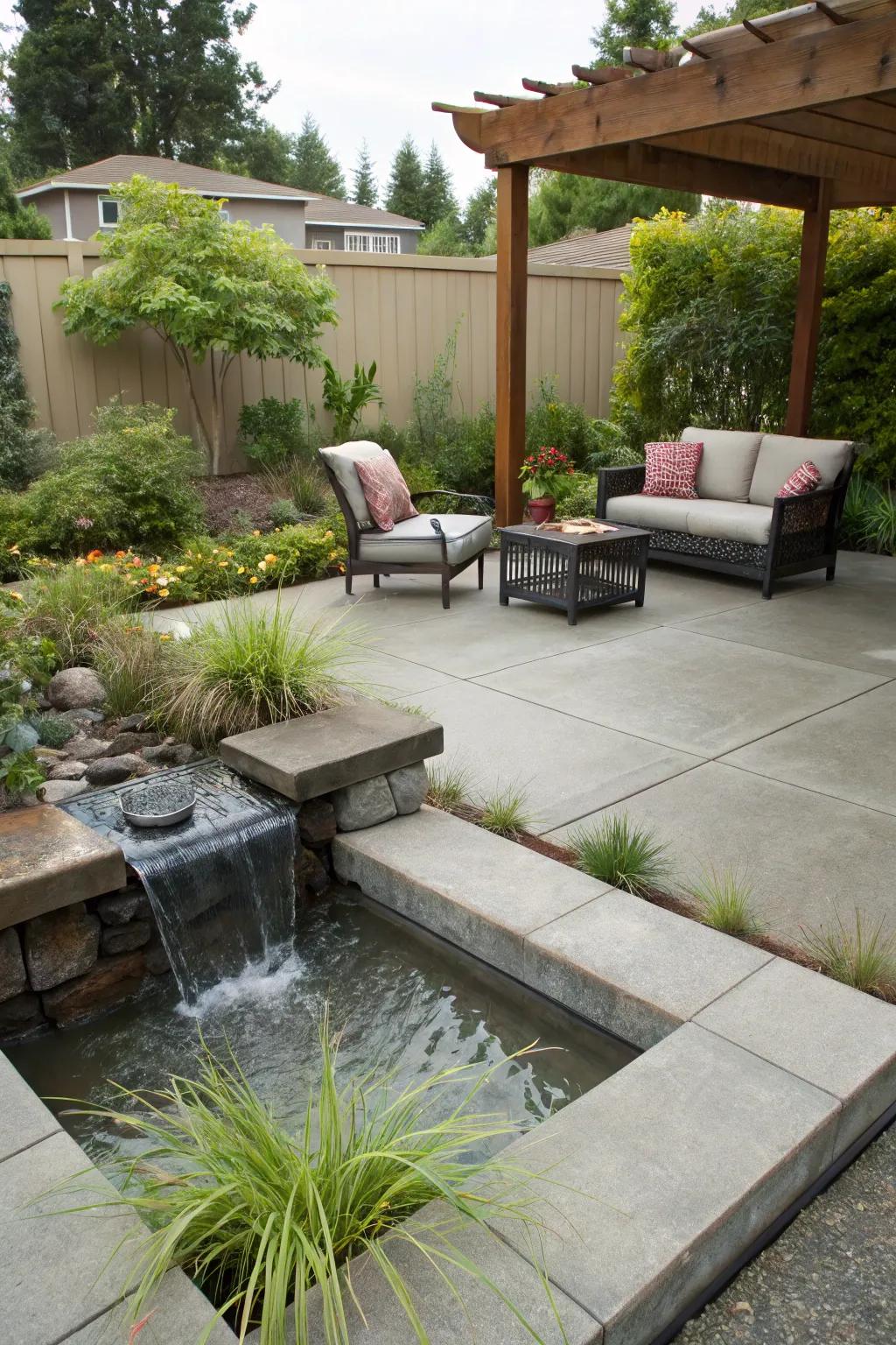 Water features create a peaceful and soothing patio environment.