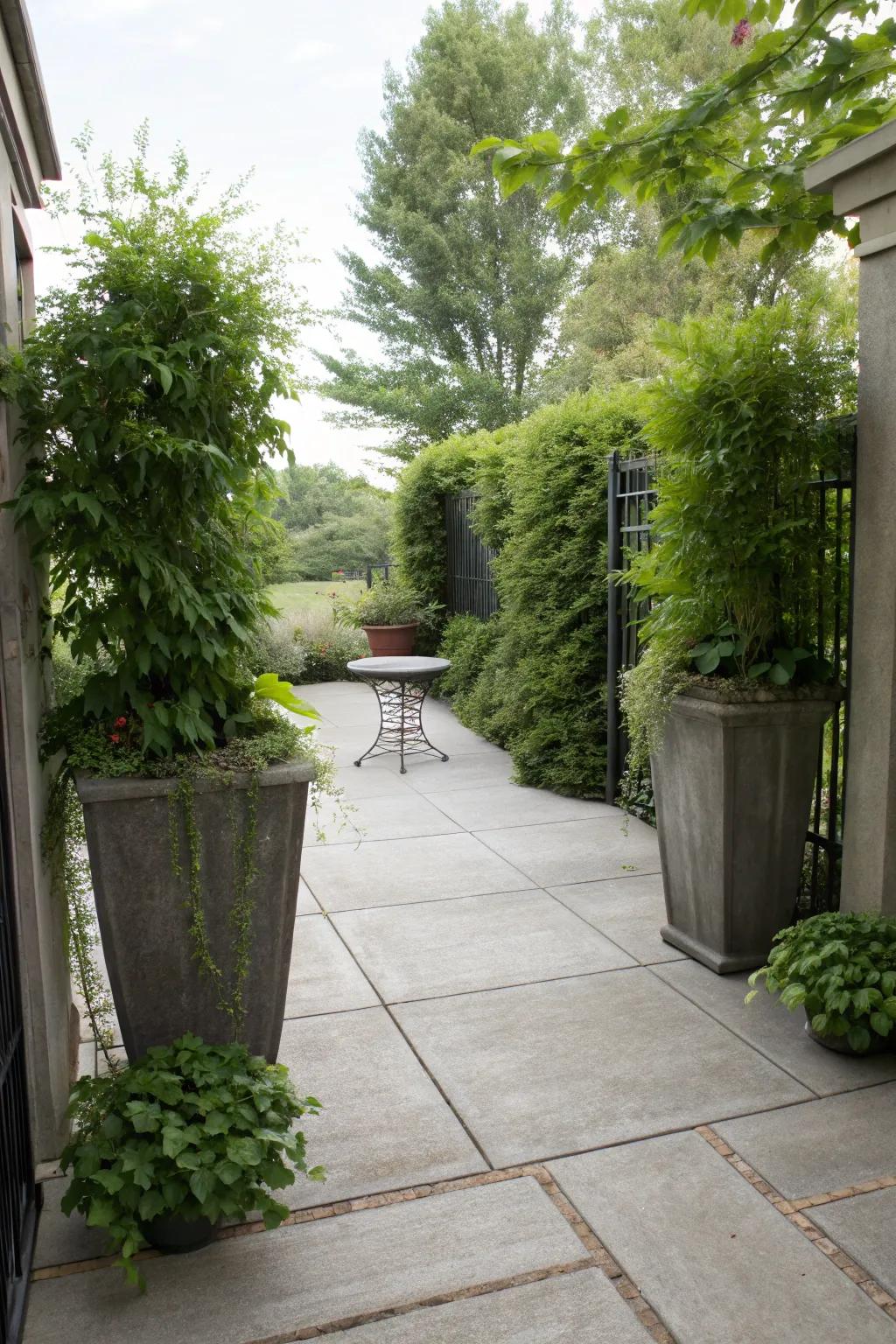 A concrete patio with tall planters offering privacy and a touch of nature.