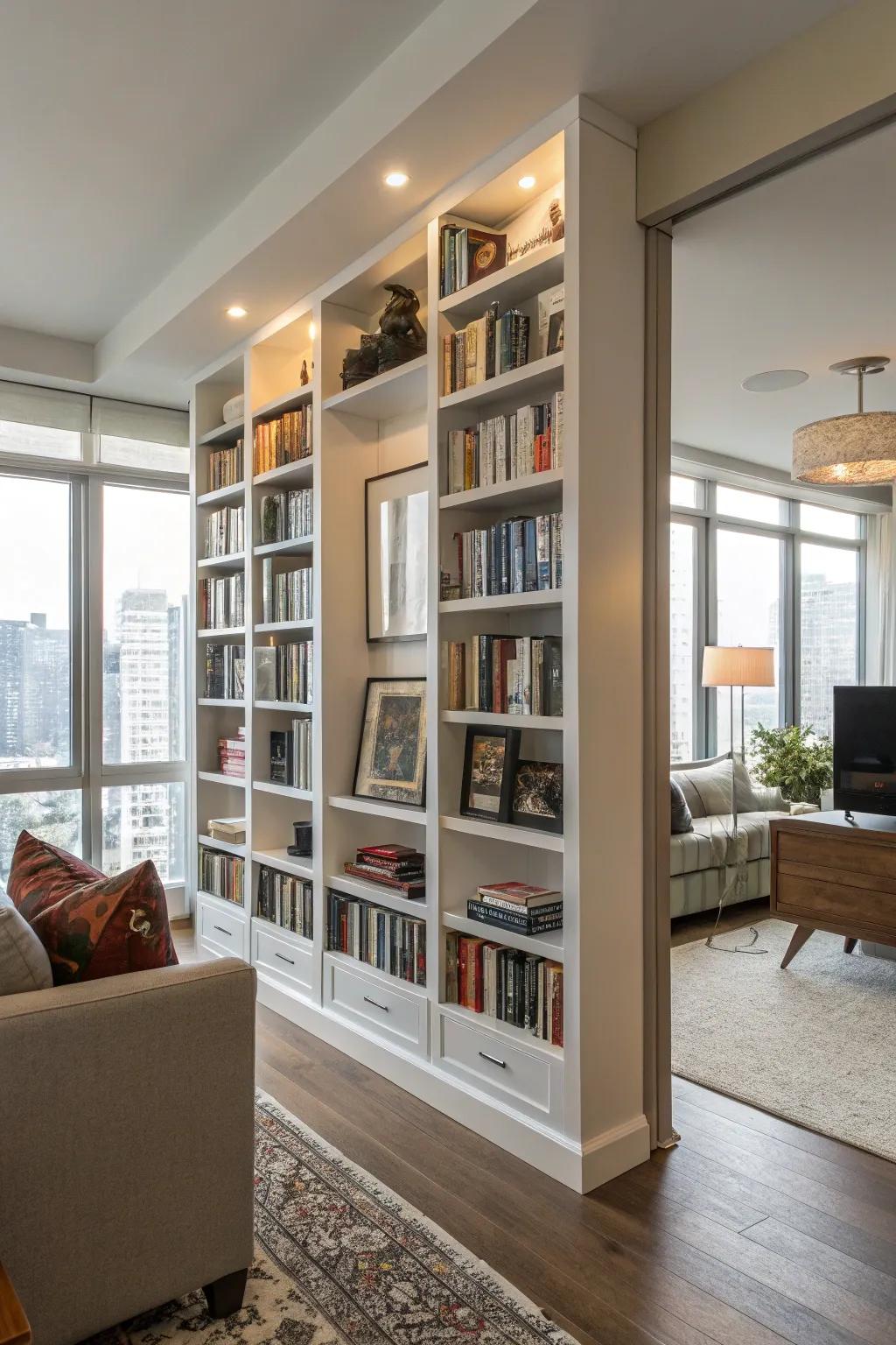 A condo living room with tall bookshelves making use of vertical space.