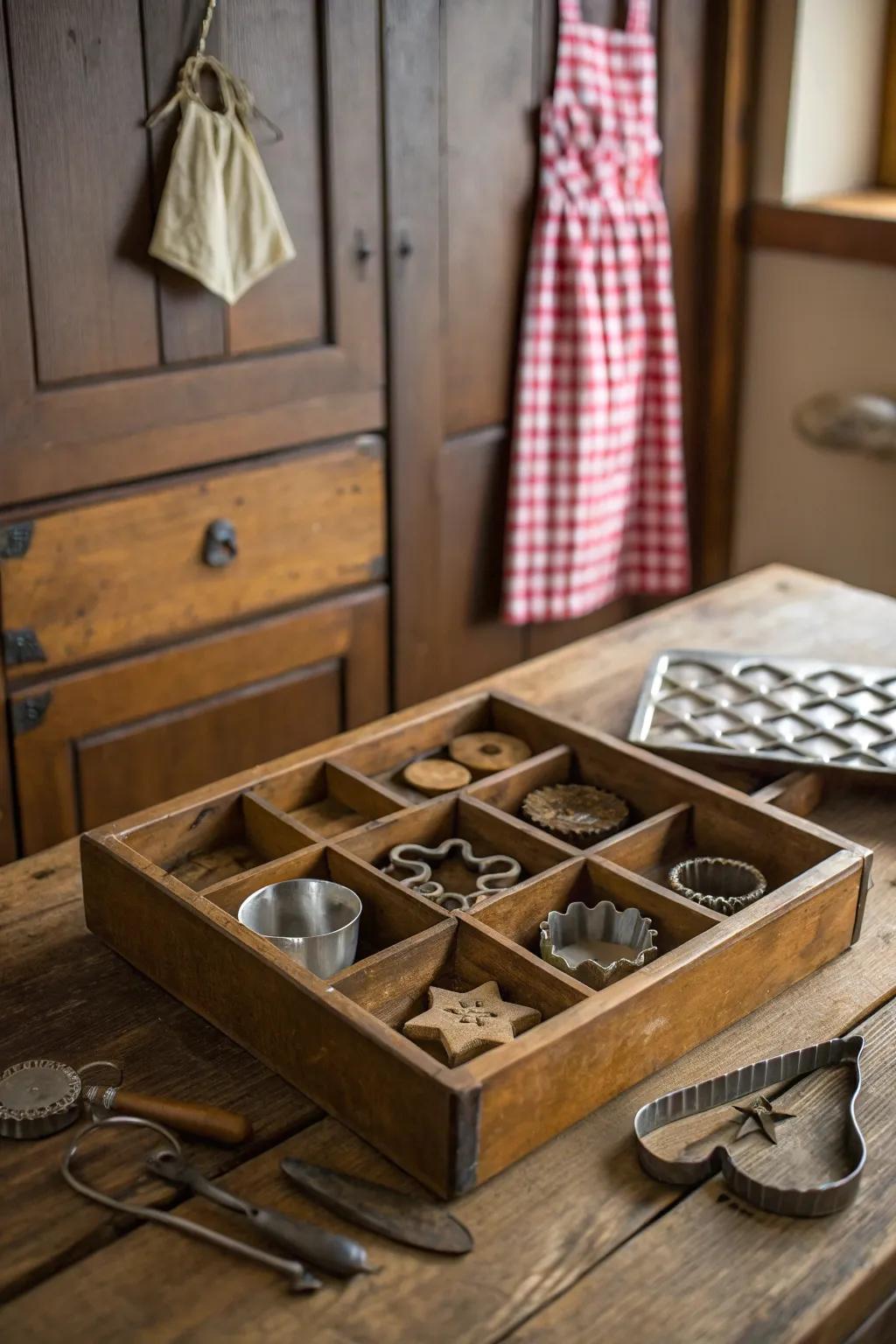 An antique drawer used for organizing cookie cutters.