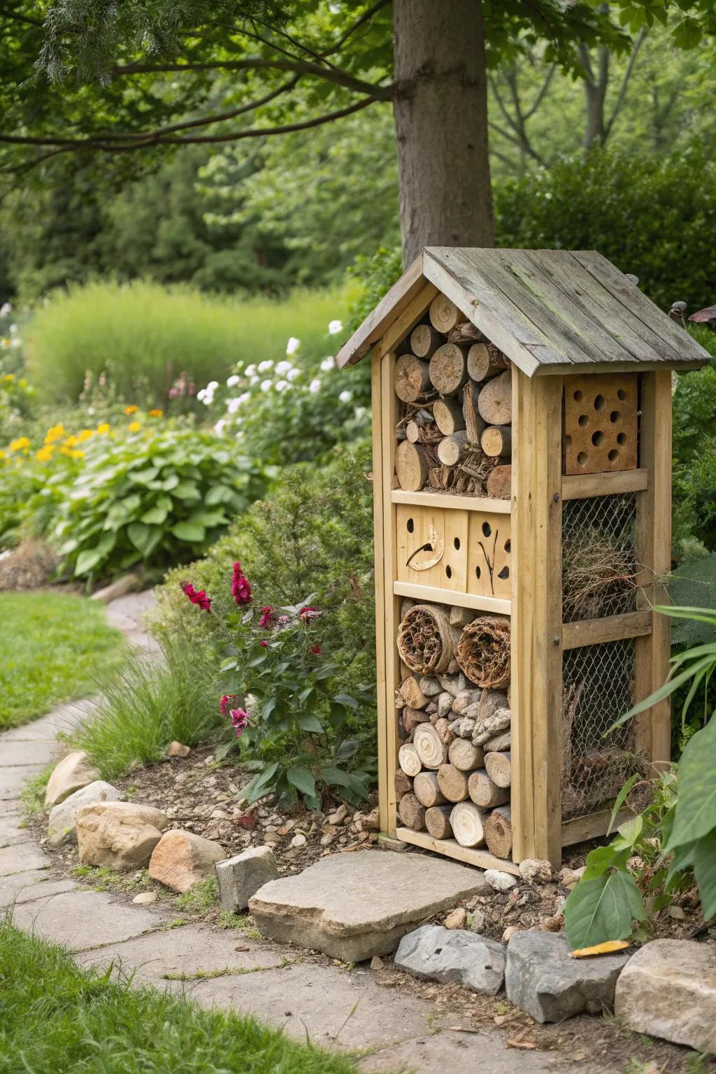 An eco-friendly bug hotel attracting garden helpers.