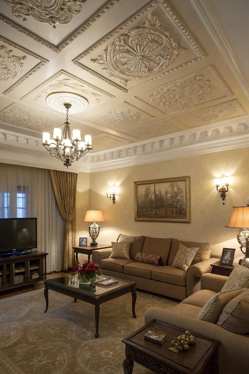 Faint ceiling details introduce elegance and intrigue to this living space.