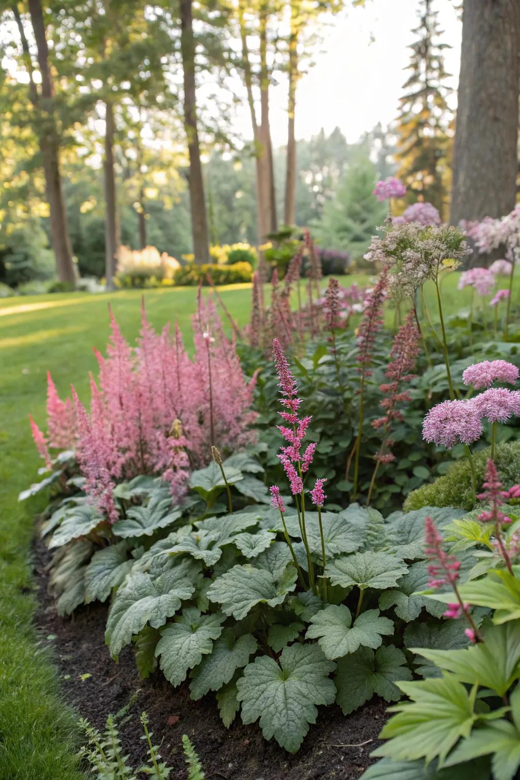 Coral bells combined with lungwort and astilbe in a harmonious shade garden.
