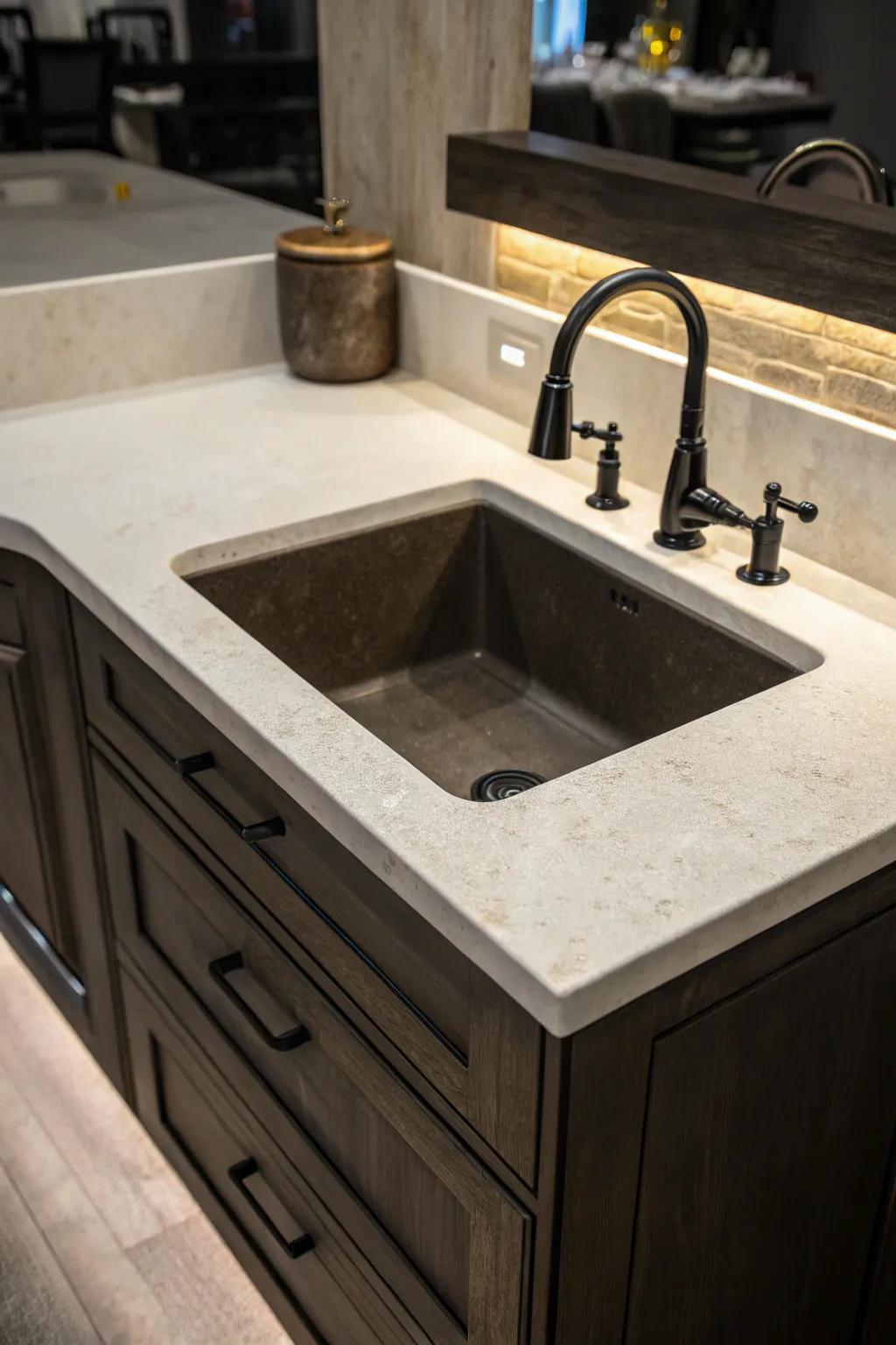 A dark corner sink providing dramatic contrast against light kitchen surfaces.