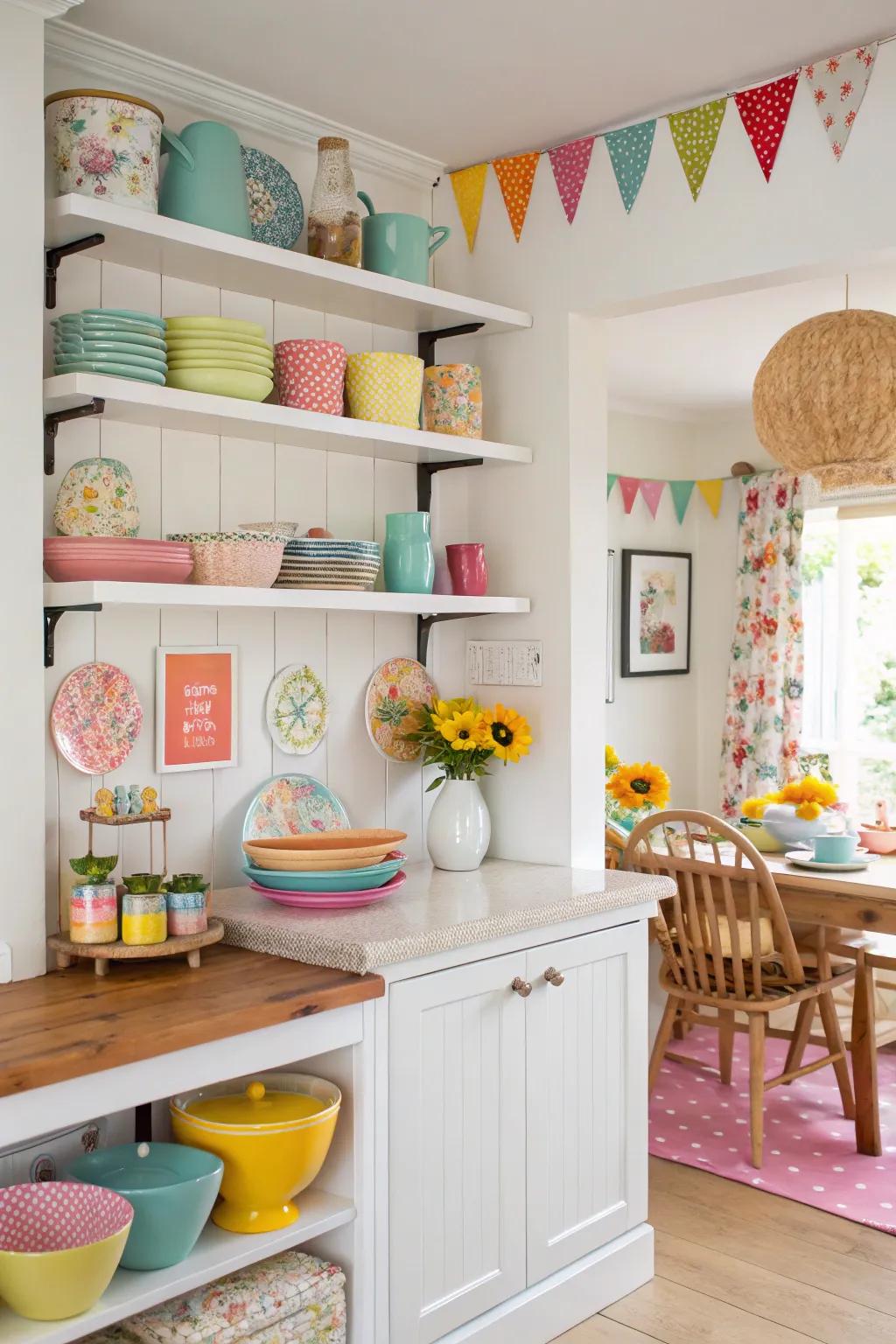 Colorful accents on shelves liven up the kitchen space.