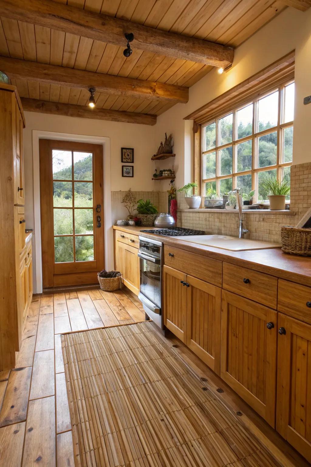 Eco-conscious bamboo floor covering enhances the cooking area's natural sensation.