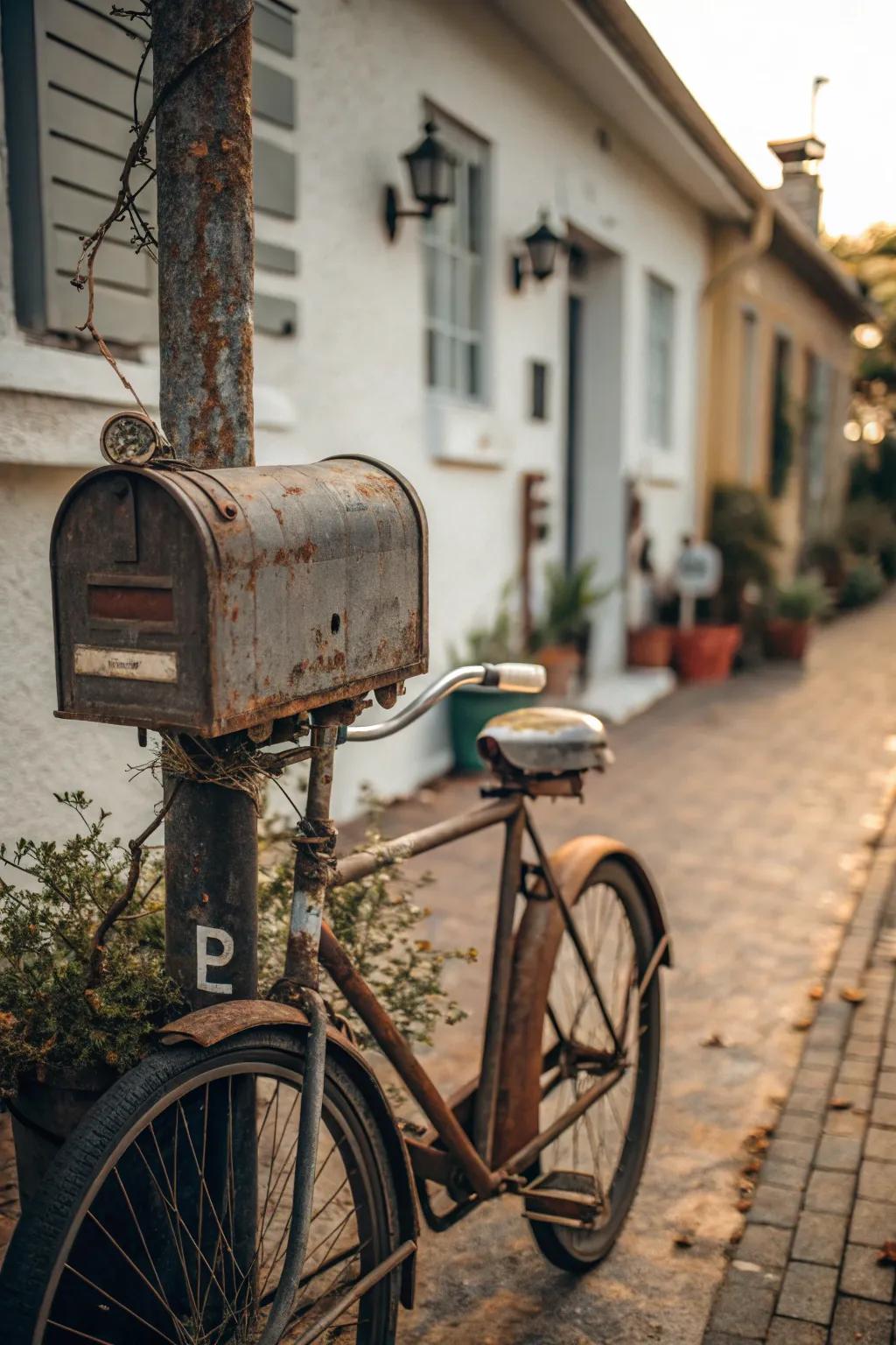 An antique bicycle mailbox support adds playfulness and charm.