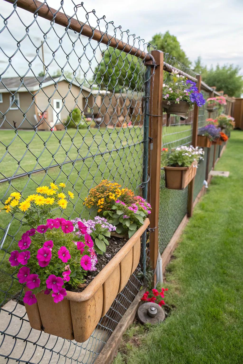 Built-in planters bring a splash of color and creativity to link netting fences.