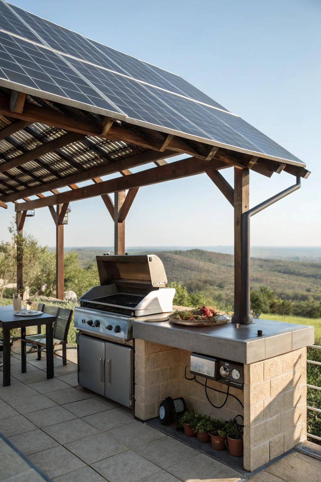 A solar panel roof powering an eco-friendly grill area.