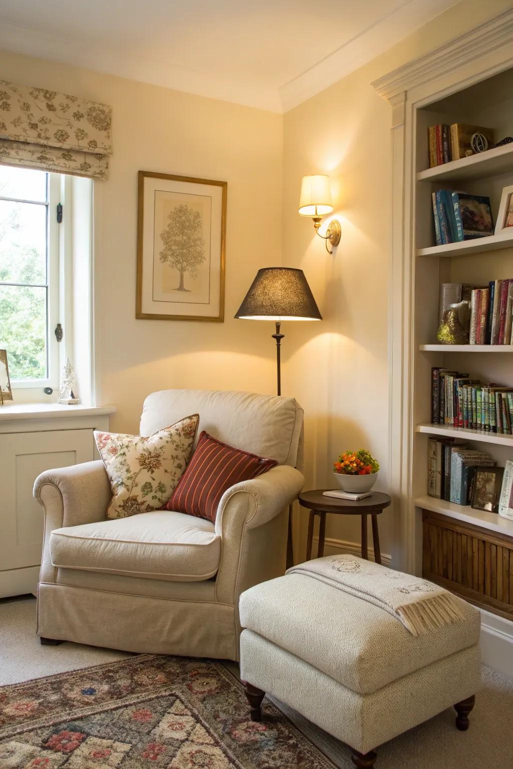 A reading nook offers a personal haven in a cream setting.