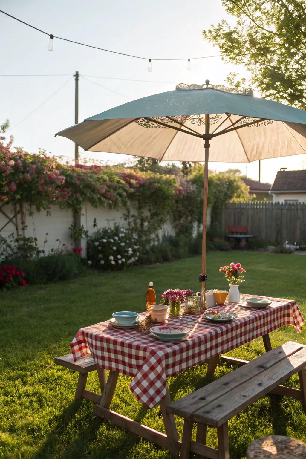 A picnic table with an umbrella, offering a cool spot for outdoor dining.