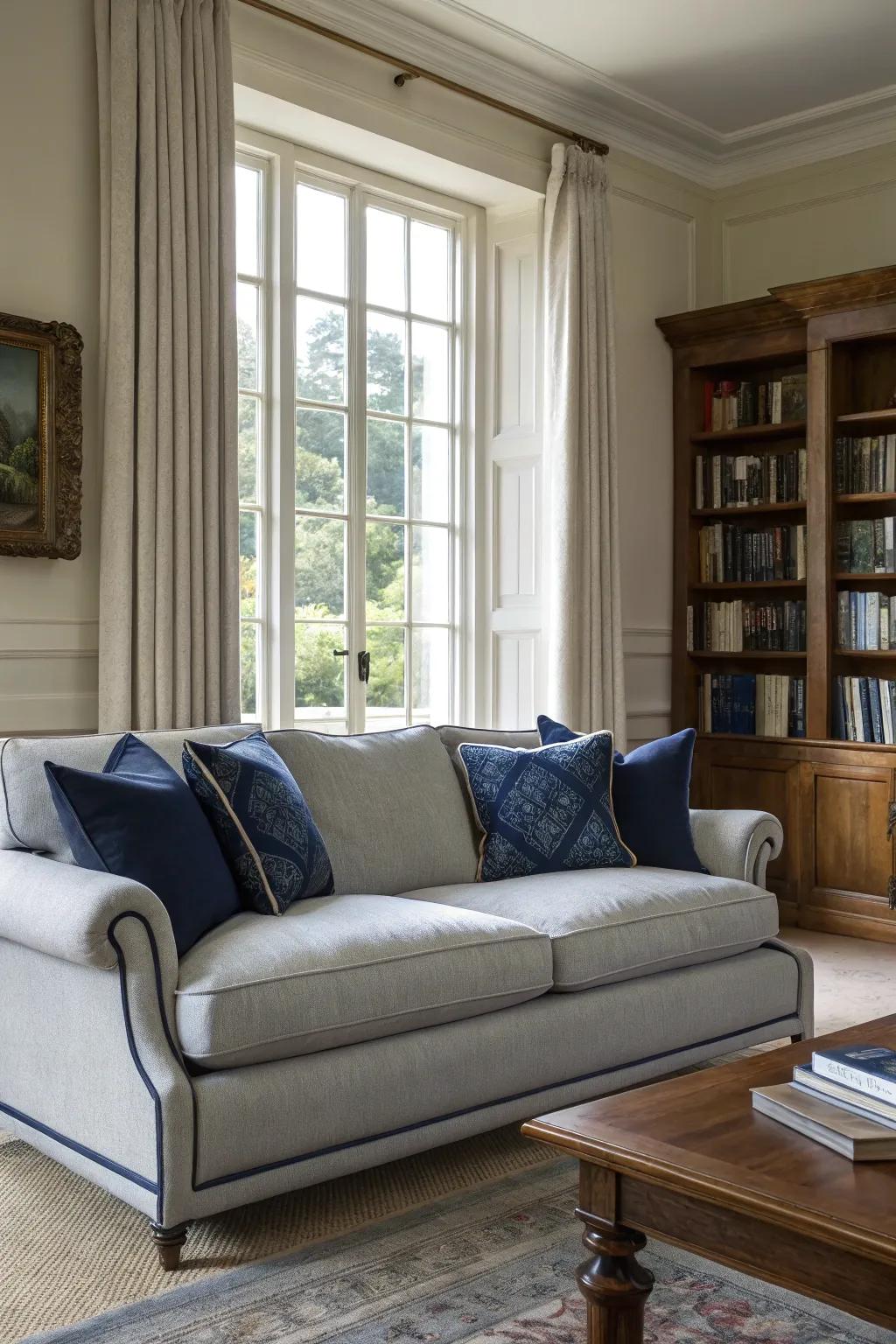 Navy cushions enhance a charcoal couch by using traditional polish.