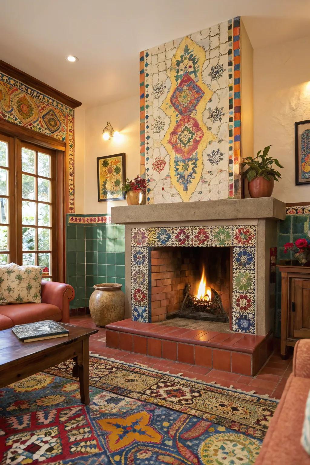 A hearth decorated with mosaic pieces that adds personality and flair.
