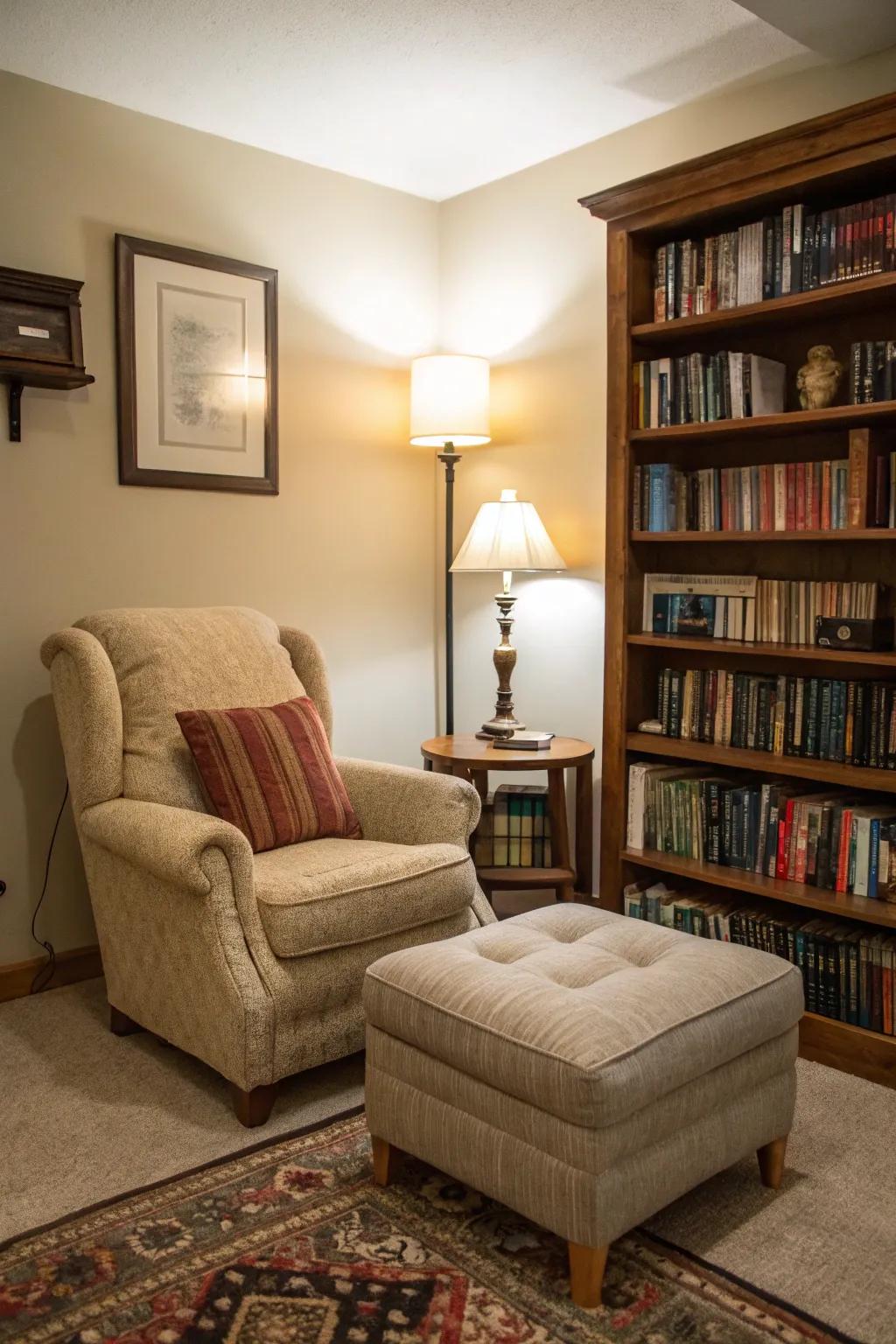 Furniture arrangement creating distinct, cozy zones.