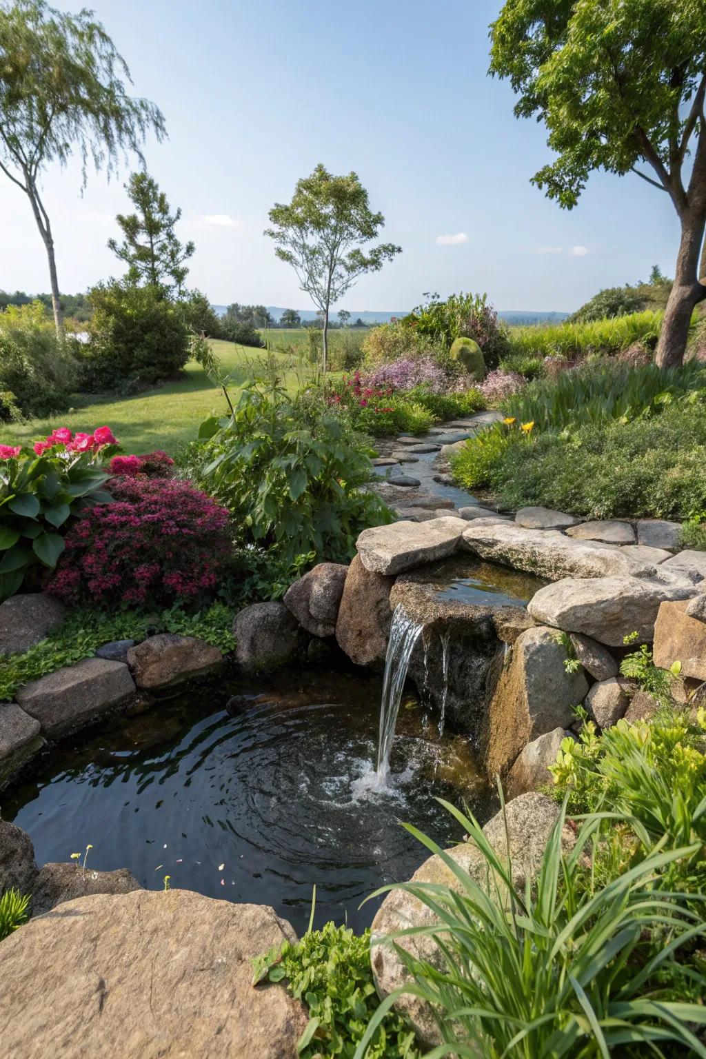 A stone water feature adds serenity and a calming ambiance.